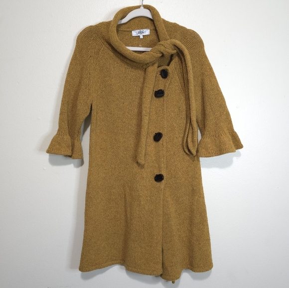 TIBI Women's Wool Cardigan 3/4 Ruffle Sleeves Mustard Yellow Large Boho Autumn - Picture 1 of 13